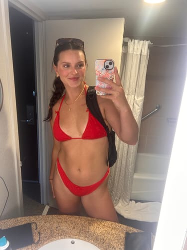 Customer photo review of Seamolly Recycled Fabric Floral Jacquard Lace Trim Halter Triangle Cheeky Bikini Set