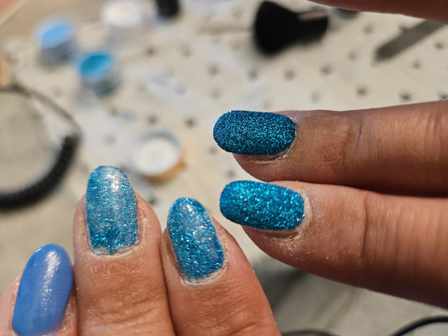 Customer photo review of Haze Blue Dipping Powder