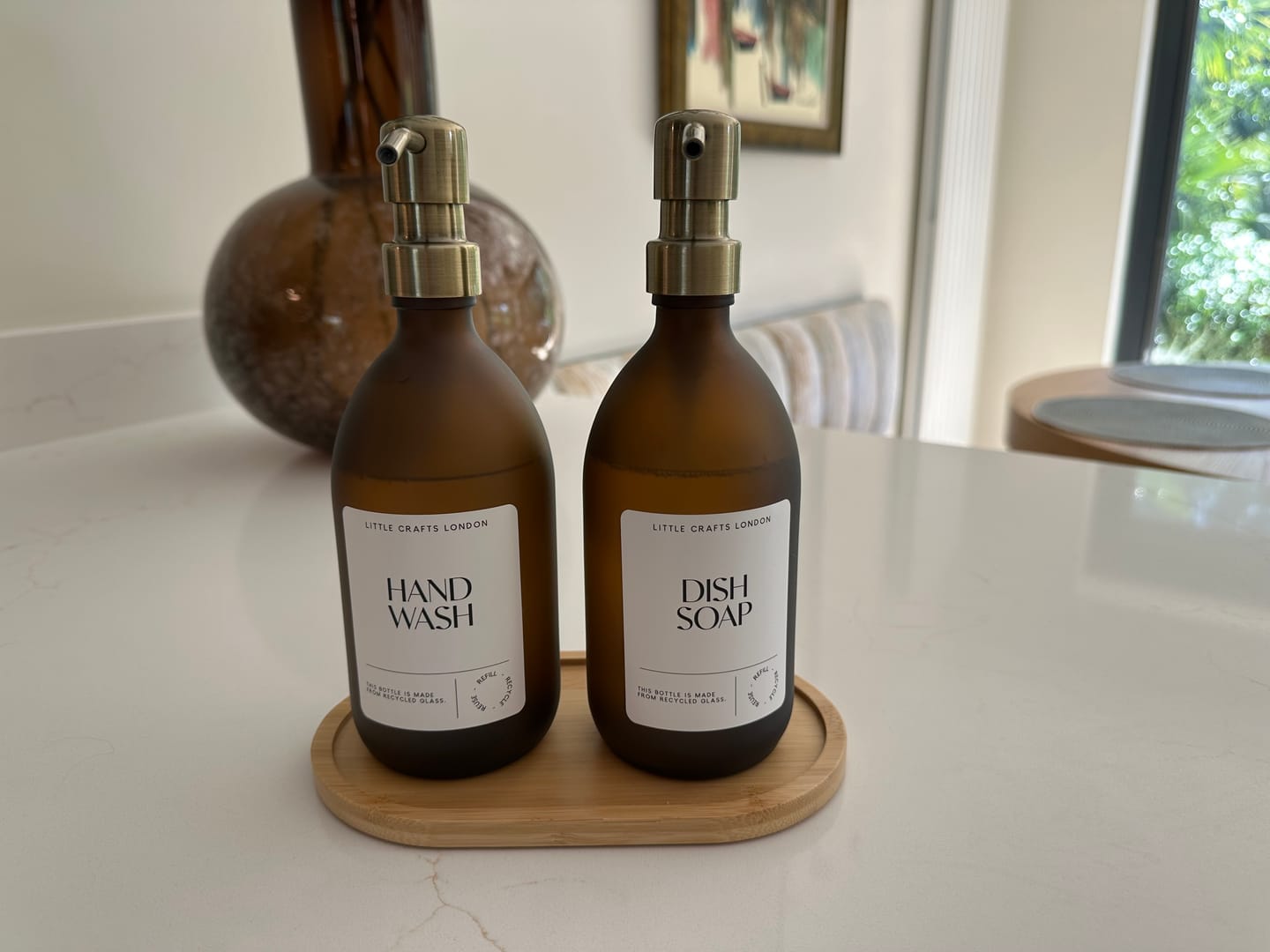 Customer photo review of Set of 2 Frosted Amber Glass Bottle 500 ML with Stainless Steel Pump & Small Tray White Label