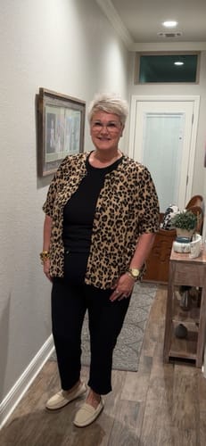 Customer photo review of Leopard Print Short Sleeve Top W/ V-Neckline