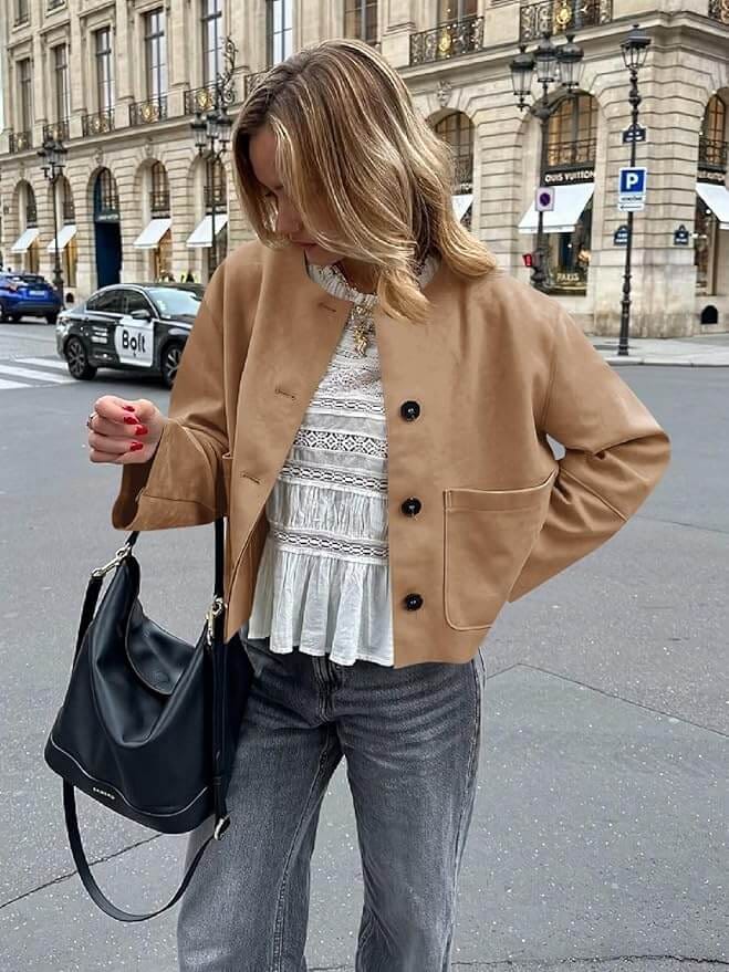 Customer photo review of Ruffa - Women's Jacket in Soft Suede with Long Sleeves & Button Closure