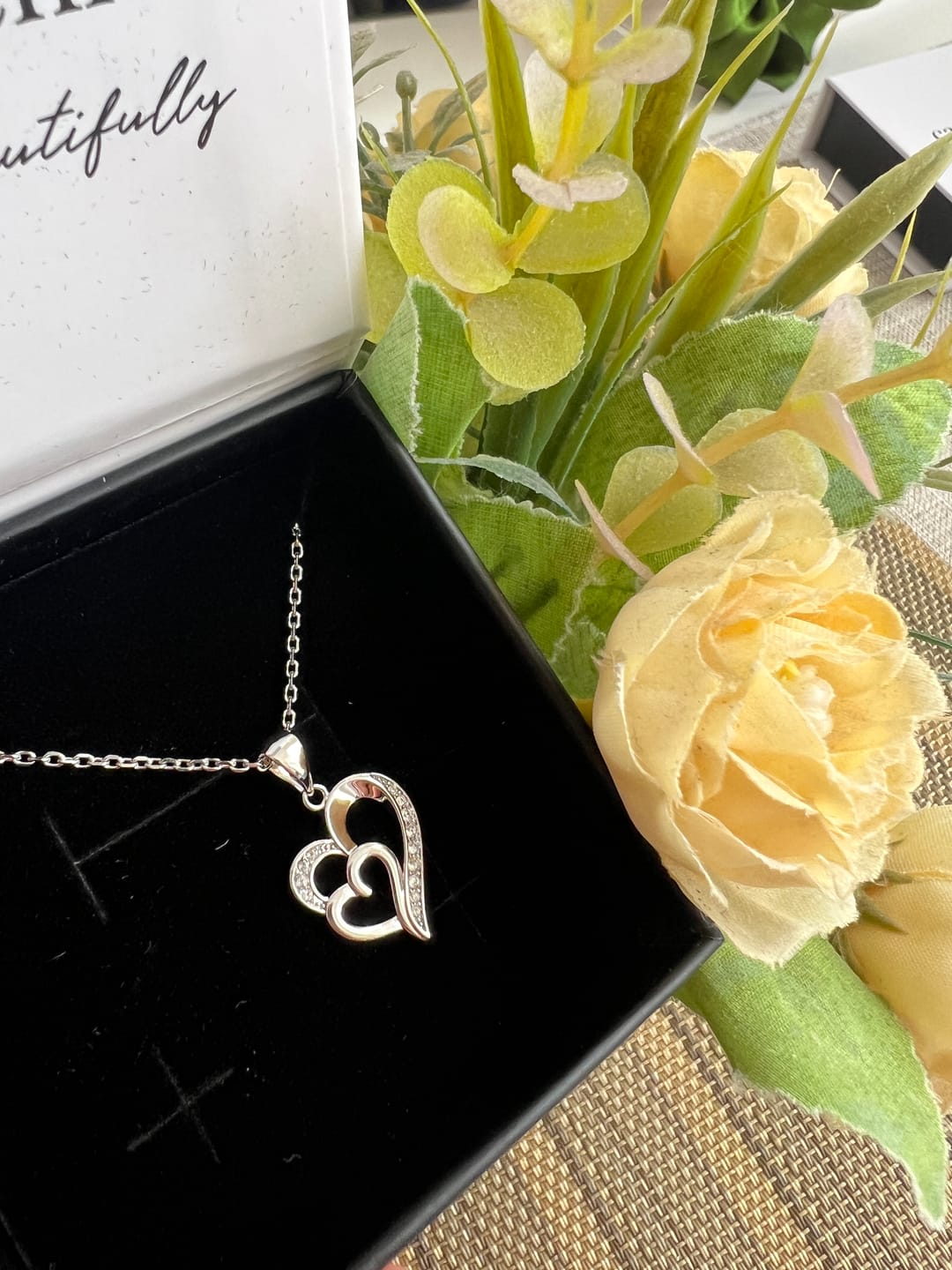 Customer photo review of Jennifer 18k White Gold Plated Double Heart Necklace with Swarovski Crystals