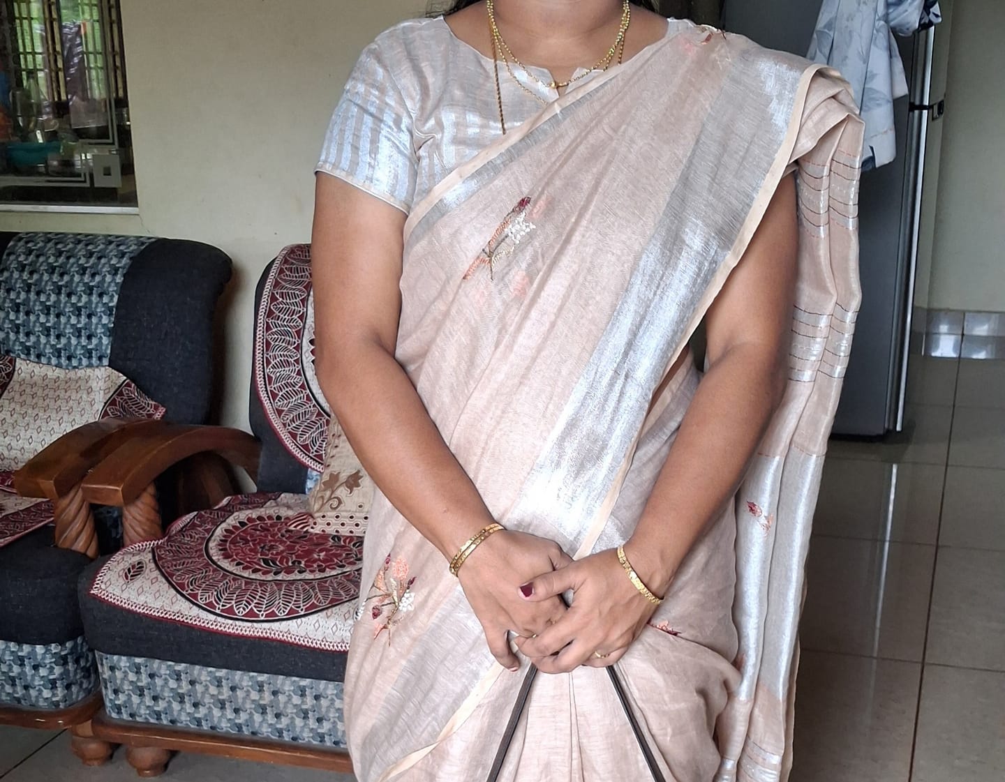 Customer photo review of Beige French Knot Embroidered Pure Linen Saree