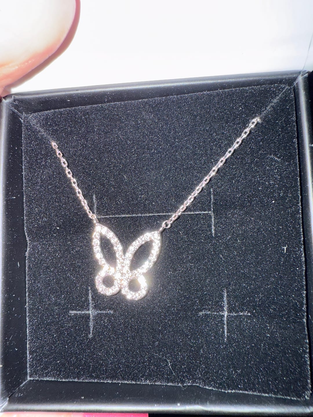 Customer photo review of Maxine 18k White Gold Plated Butterfly Necklace with Swarovski Crystals