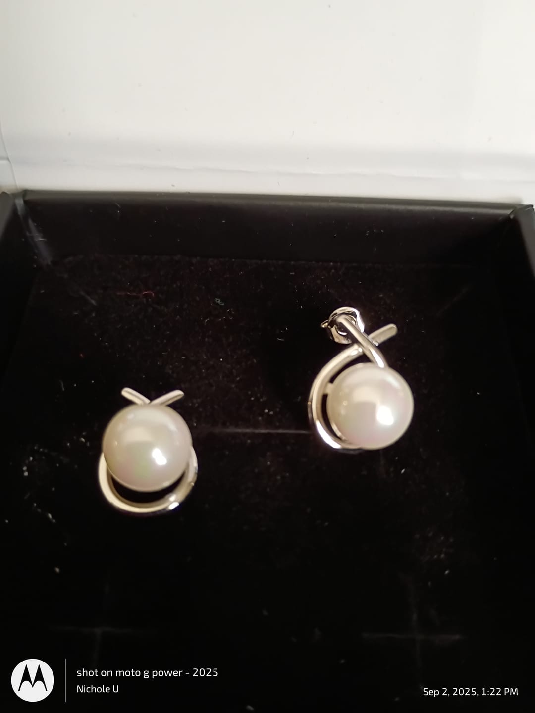 Customer photo review of Greta 18k White Gold Plated Tear drop Pearl Stud Earrings