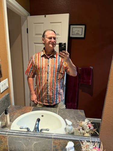 Customer photo review of Men's Casual Retro Multicolor Striped Holiday Button Up Short Sleeve Shirt