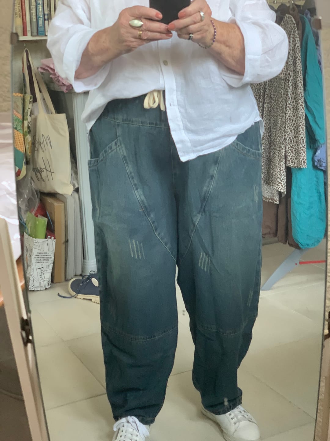 Customer photo review of Plus Size Vintage Loose Elastic Waist Spliced Distressed Denim Jeans