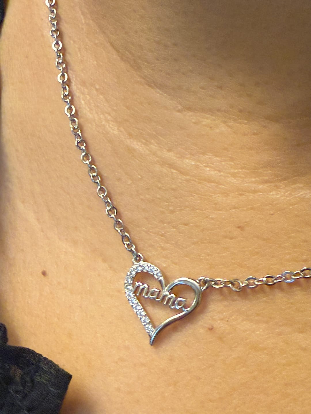 Customer photo review of Louise 18k White Gold Plated Mama Heart Necklace with Simulated Diamond Crystals