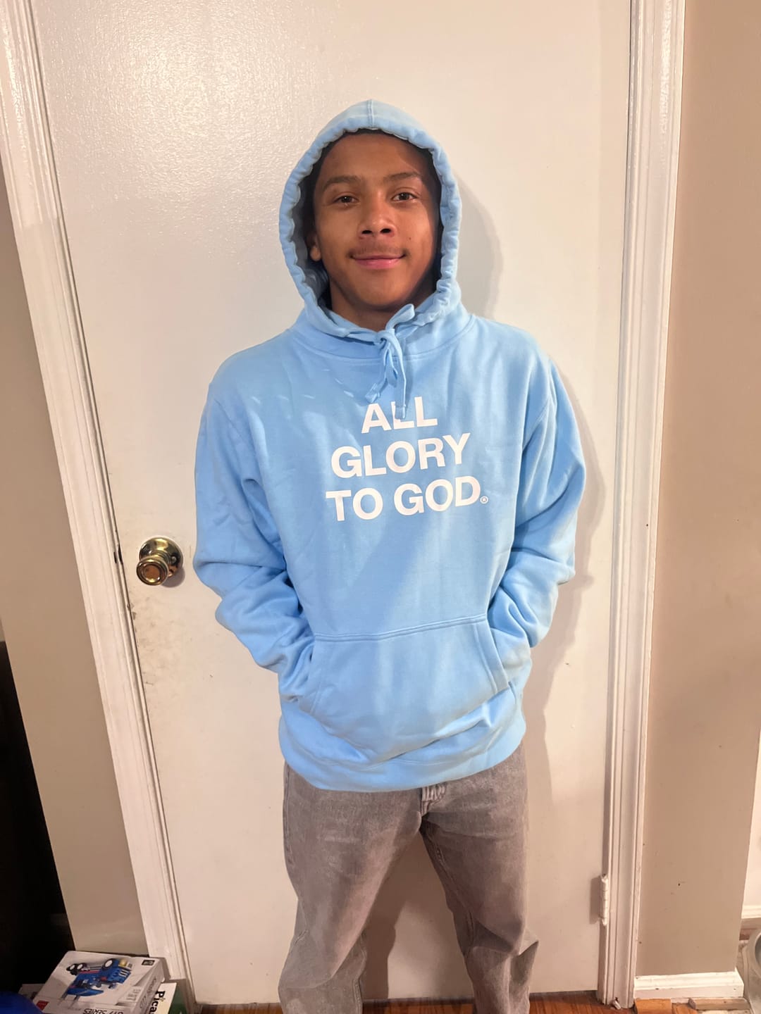 Customer photo review of All Glory To God "Essential" Hoodie 'Sky Blue'