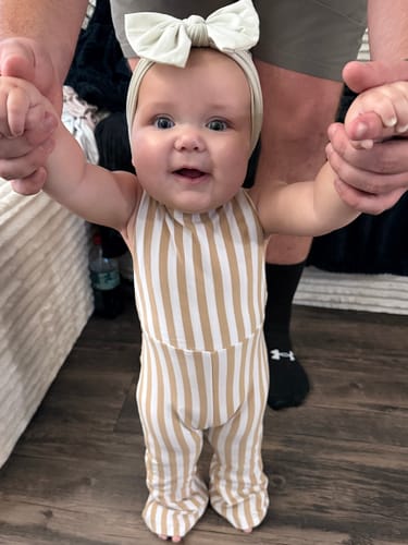 Customer photo review of Hippie Vibes Jumpsuit in Beige Stripes