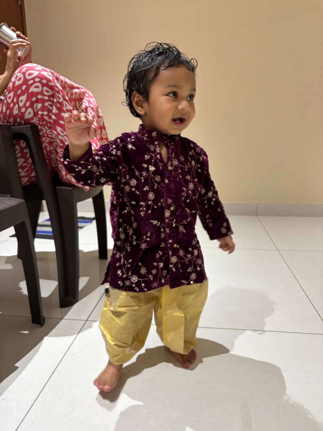 Customer photo review of Deep Wine Velvet and Gold Dhoti Kurta for Boys and Baby Boys