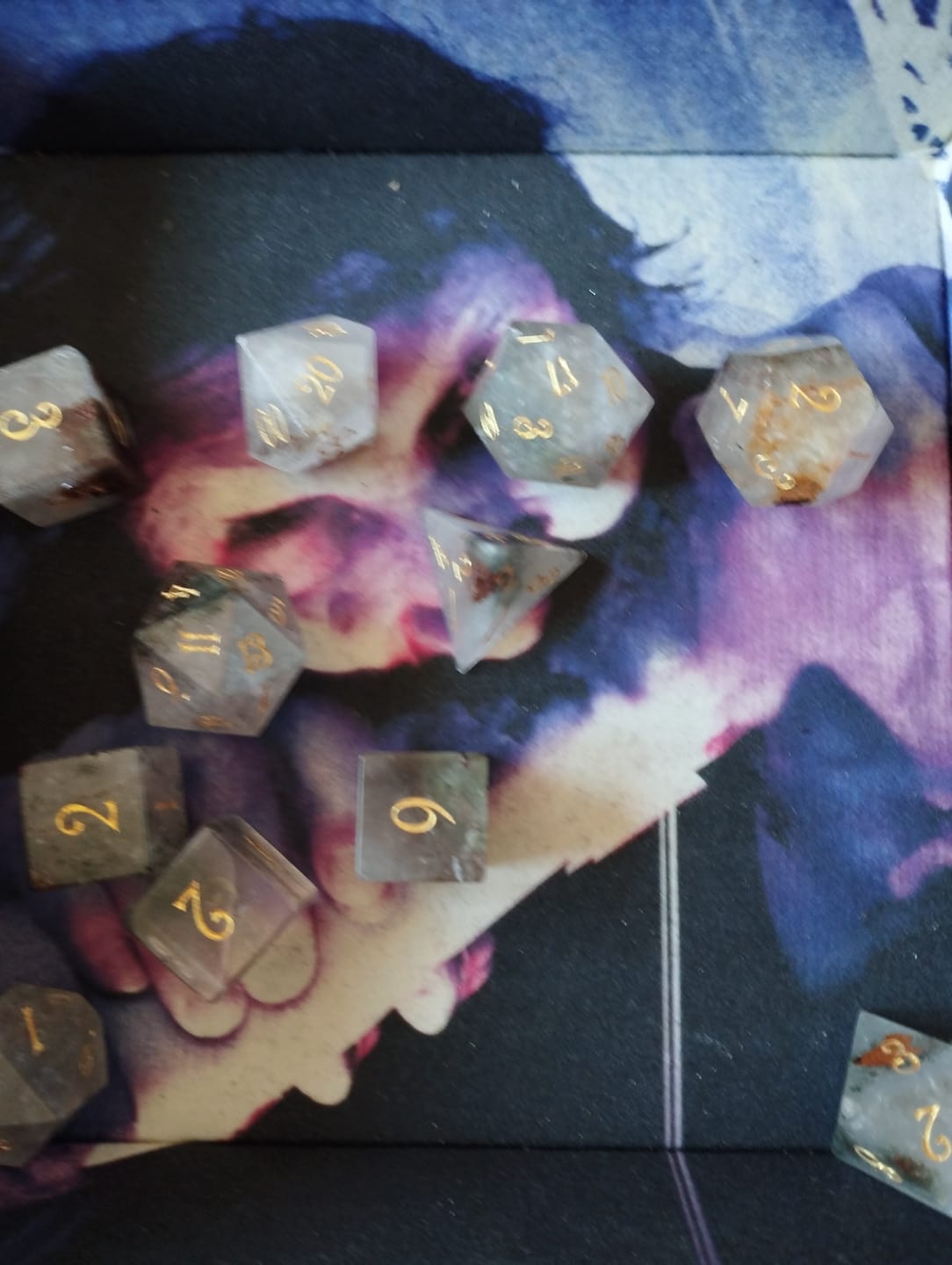 Customer photo review of URWizards D&D Phantom Quartz Gemstone Engraved Dice Set(Limited edition)