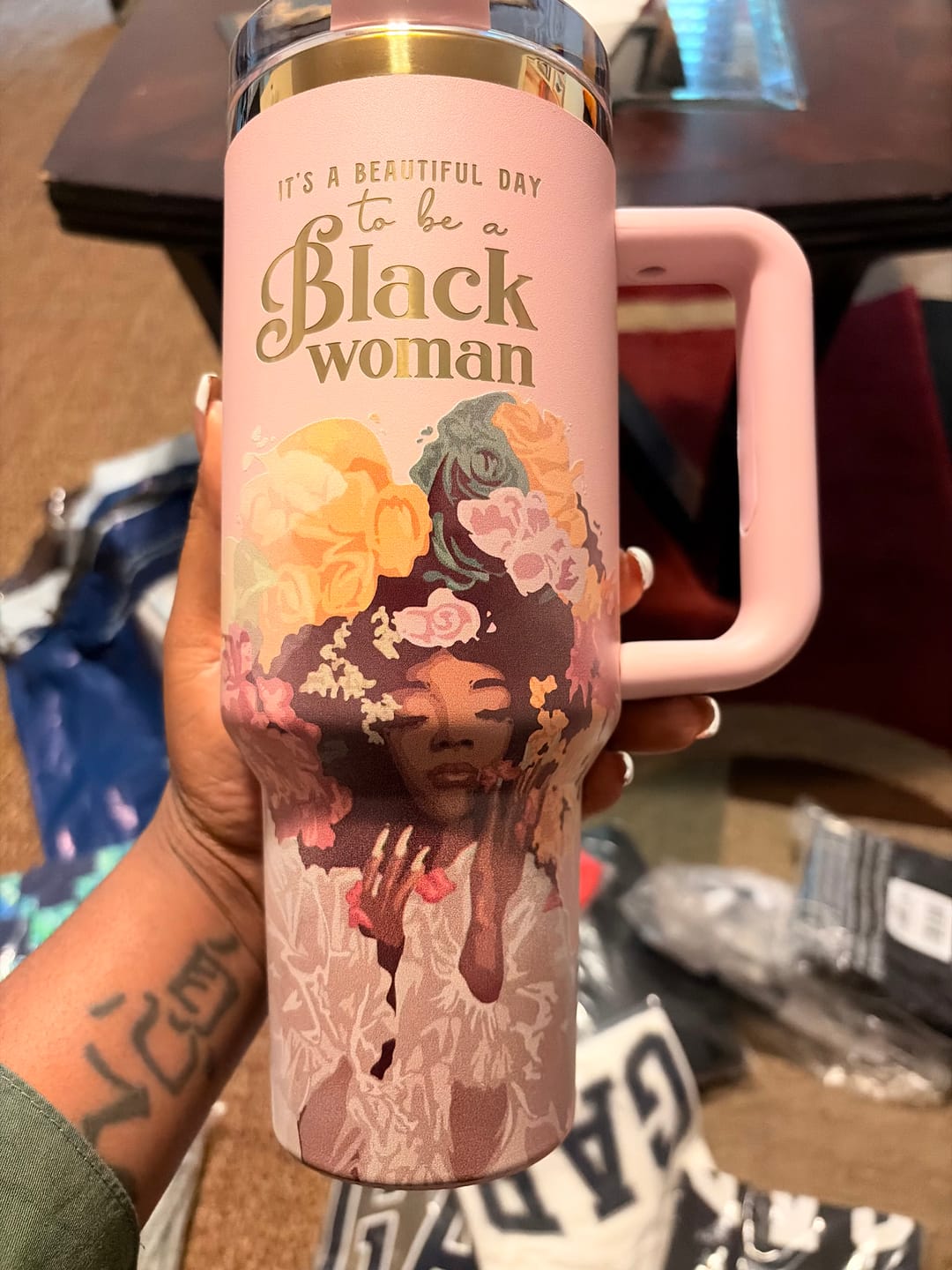Customer photo review of Pink “Royalty Blossomed” 40oz Insulated Tumbler – "It’s a Beautiful Day to be a Black Woman"