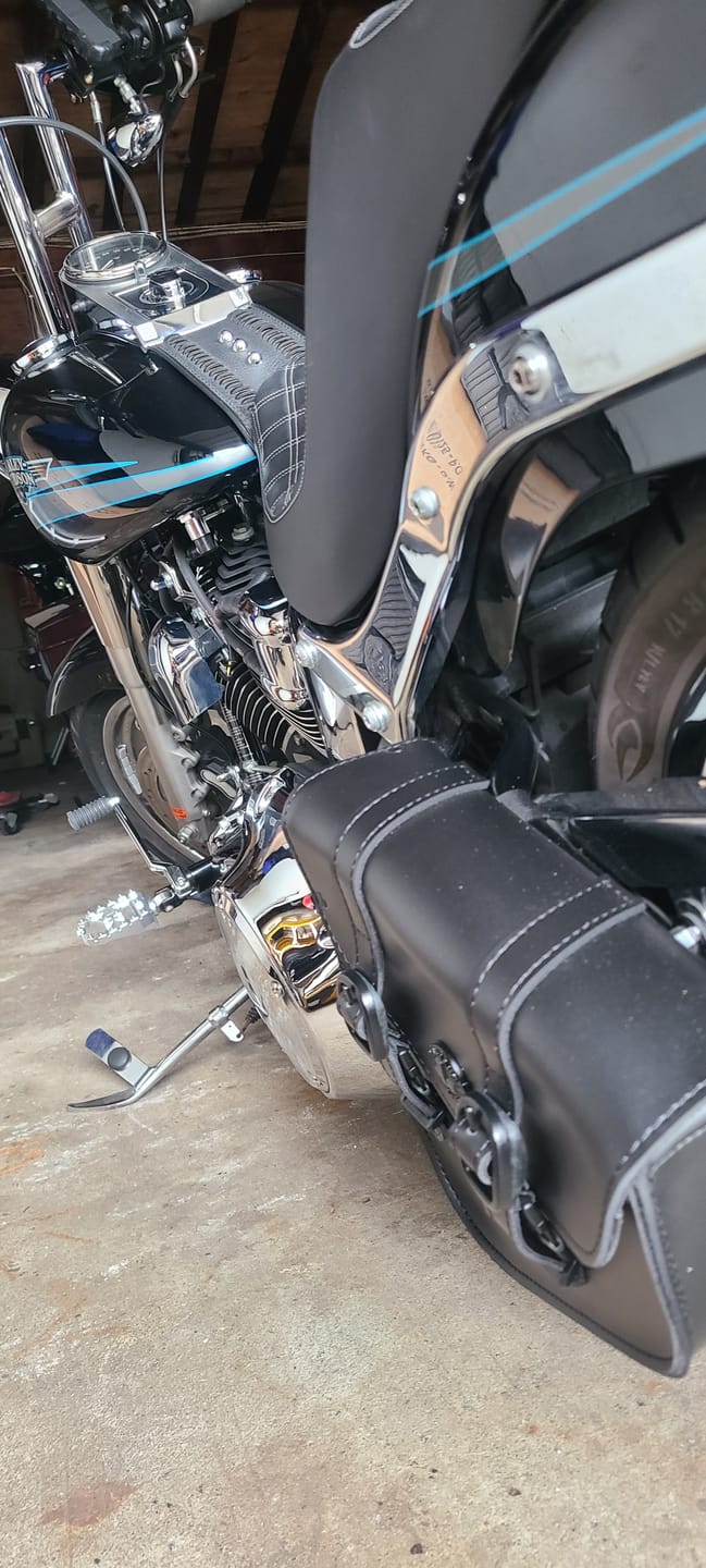 Customer photo review of 3L - Dark Age Plain Leather Motorcycle Swing arm Bag For Harley Softail