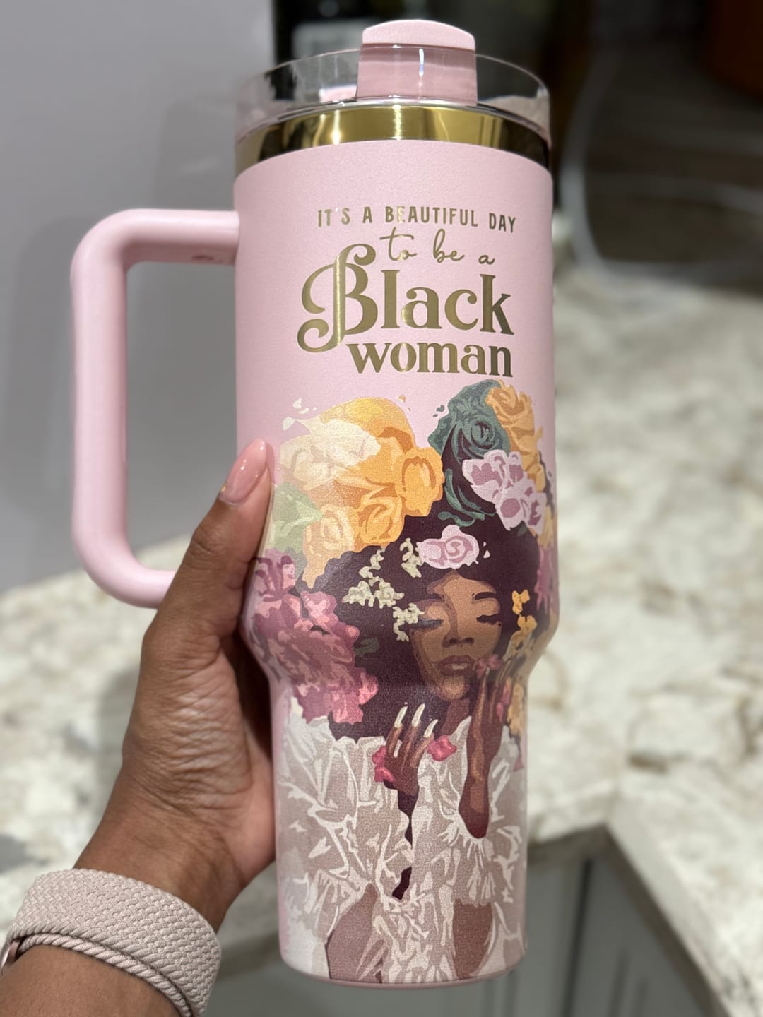 Customer photo review of Pink “Royalty Blossomed” 40oz Insulated Tumbler – "It’s a Beautiful Day to be a Black Woman"