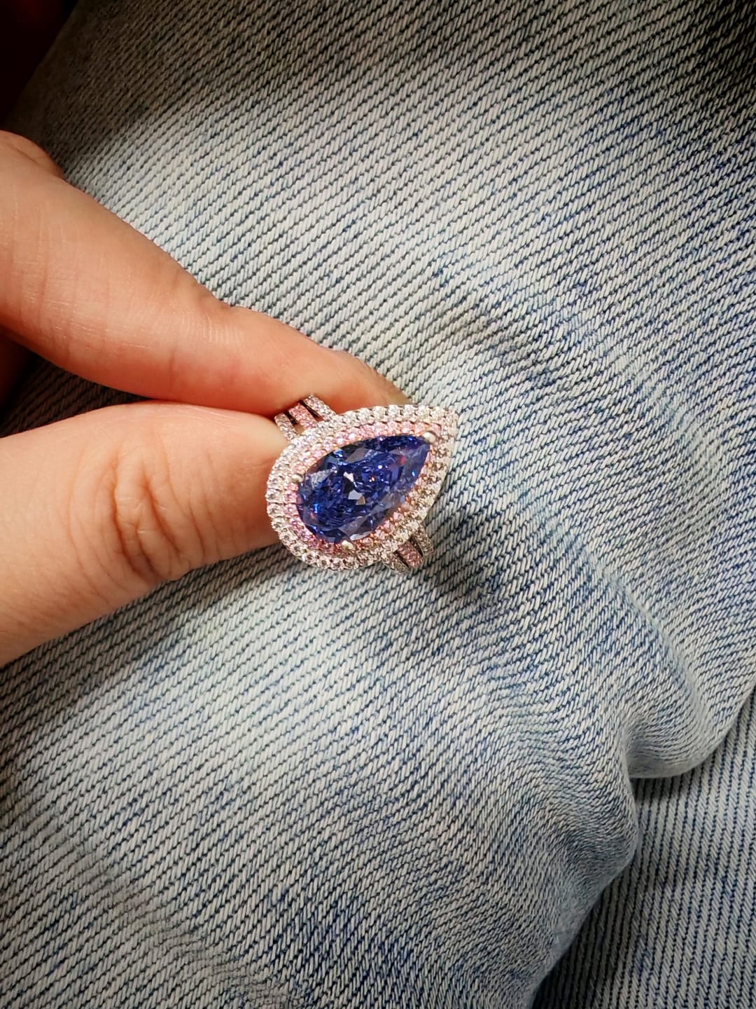 Customer photo review of Louily Luxurious Double Halo Pear Cut Aquamarine Blue/Purple Engagement Ring In Sterling Silver