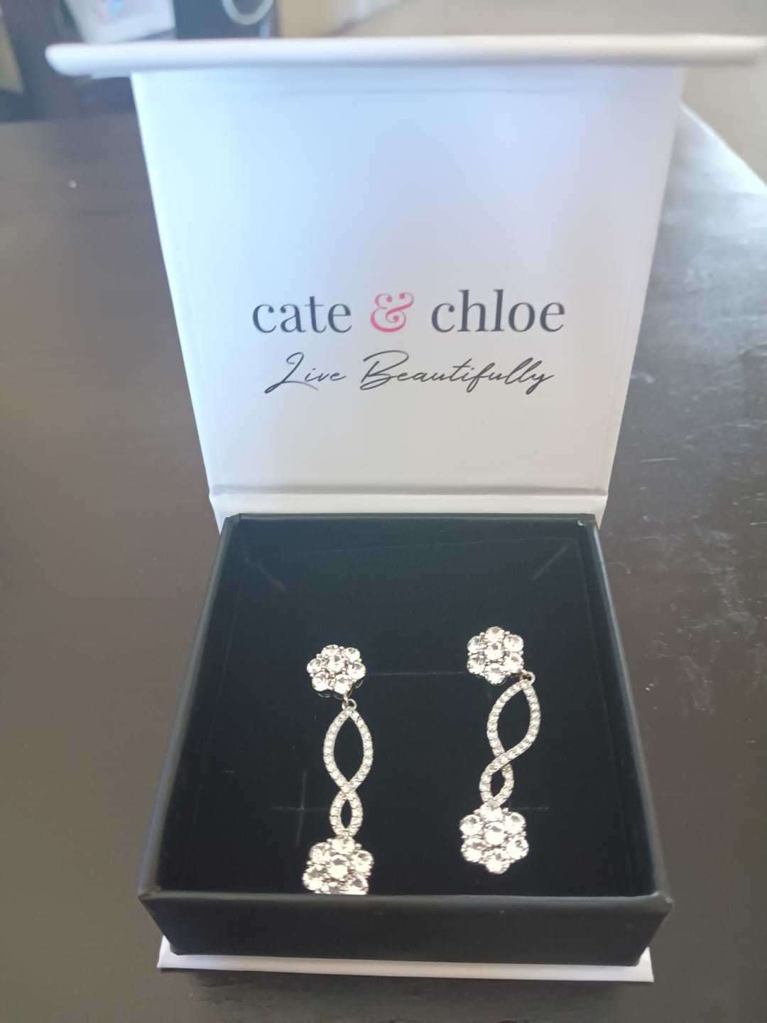 Customer photo review of Jessica 18k White Gold Plated Dangle Earrings with Swarovski Crystals