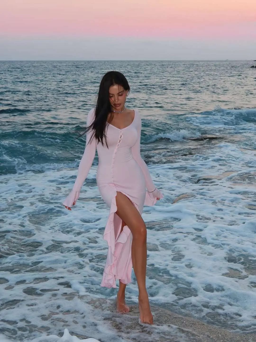 Customer photo review of A-Line Bodycon Mini Dress With Ruffle Hem — Soft Pink | KIMLUD