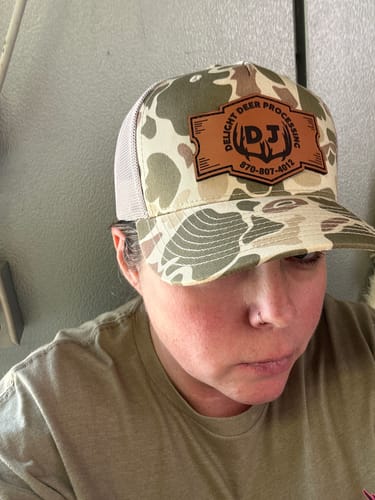 Customer photo review of Custom Leather Patch Hats Richardson CAMO Laser Engraved