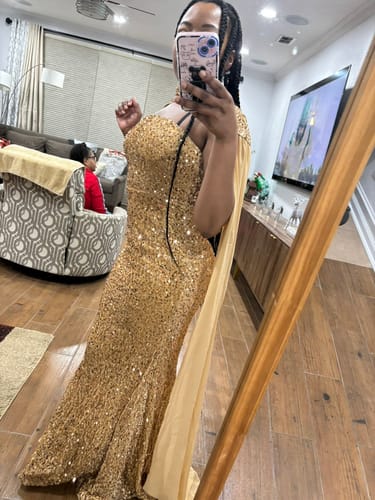 Customer photo review of Prom Queen Dream Dazzling Gold Sequin Dress