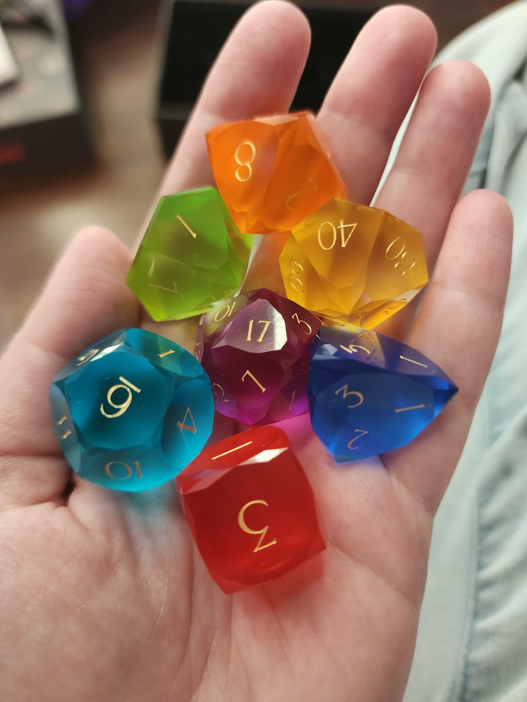 Customer photo review of URWizards D&D Resin Rainbow Candy Engraved Dice Set Multi-faceted Style