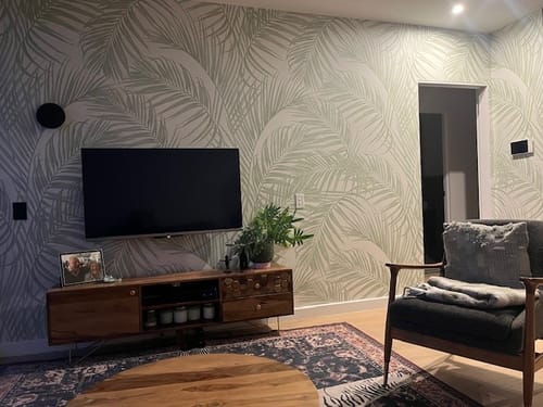 Customer photo review of Palm Escape Sage Green On White Wallpaper