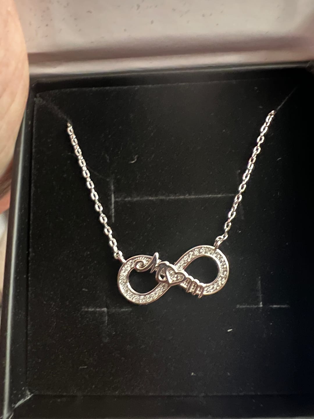 Customer photo review of Robin 18k White Gold Plated Mom Infinity Necklace with Swarovski Crystals