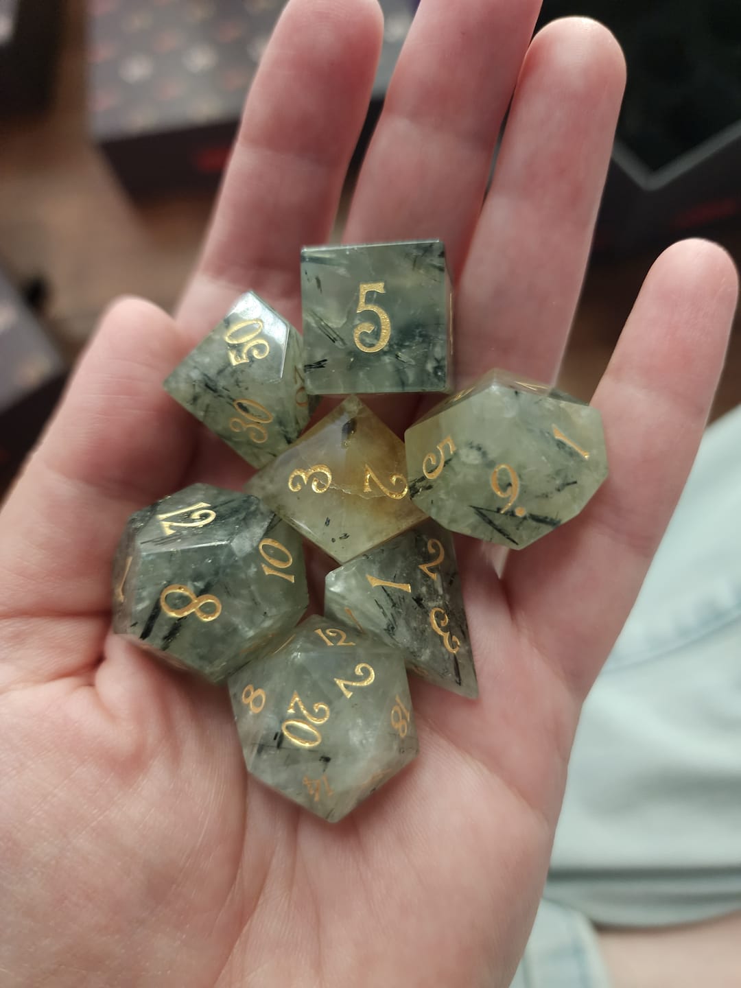 Customer photo review of URWizards D&D Prehnite Gemstone Engraved Dice Set(Limited edition)