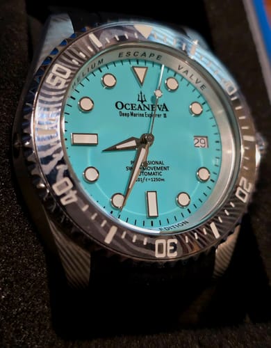 Customer photo review of Oceaneva Mens Deep Marine Explorer II Sky Blue Dial Damascus Steel Watch
