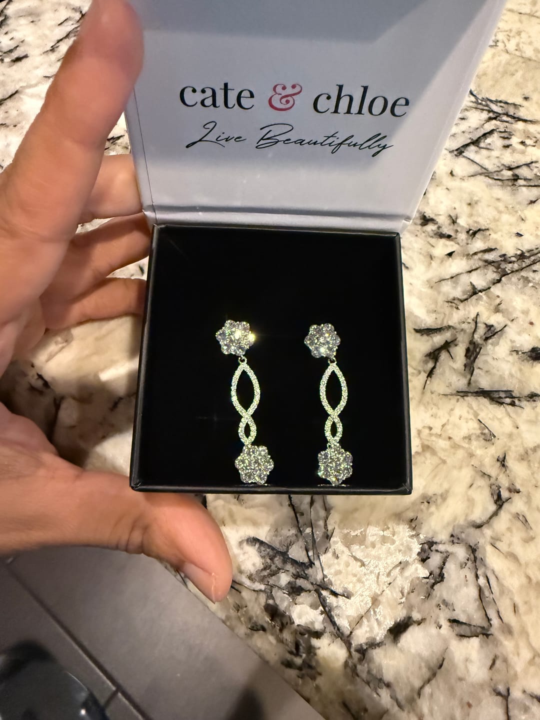 Customer photo review of Jessica 18k White Gold Plated Dangle Earrings with Swarovski Crystals