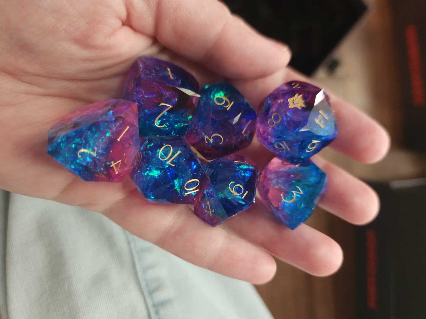 Customer photo review of URWizards D&D Resin Purple Glitter Engraved Dice Set Multi-faceted Gengar Style
