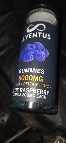Customer photo review of 8000mg AVENTUS8 GUMMIES BLUE RASPBERRY DELTA 8 + DELTA 9 + THC-P  STRONG EXOTIC BLEND