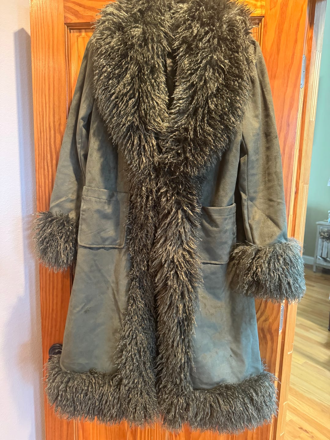 Customer photo review of GILDA-OLIVE FAUX FUR TRENCH JACKET