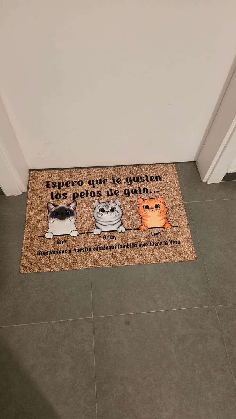 Customer photo review of Bienvenidos a lo de gatos curiosos - Felpudo personalizado