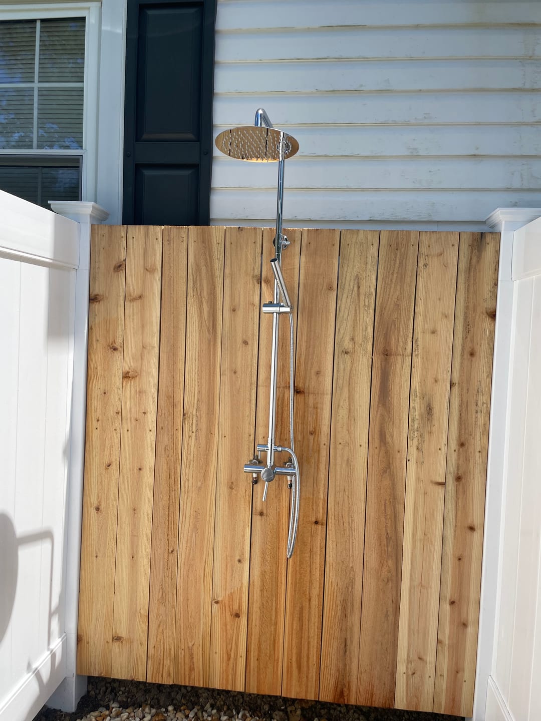Customer photo review of Outdoor Shower Fixture with 304 Stainless Steel 10-Inch Rainfall Shower Head and Adjustable Slide Bar