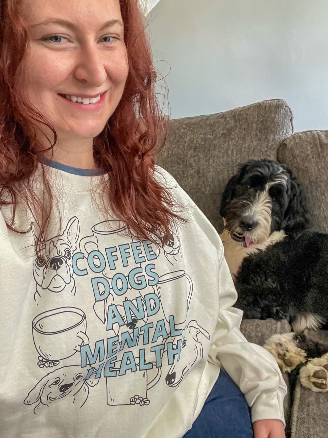 Customer photo review of Coffee Dogs and Mental Health Sketched Sweatshirt