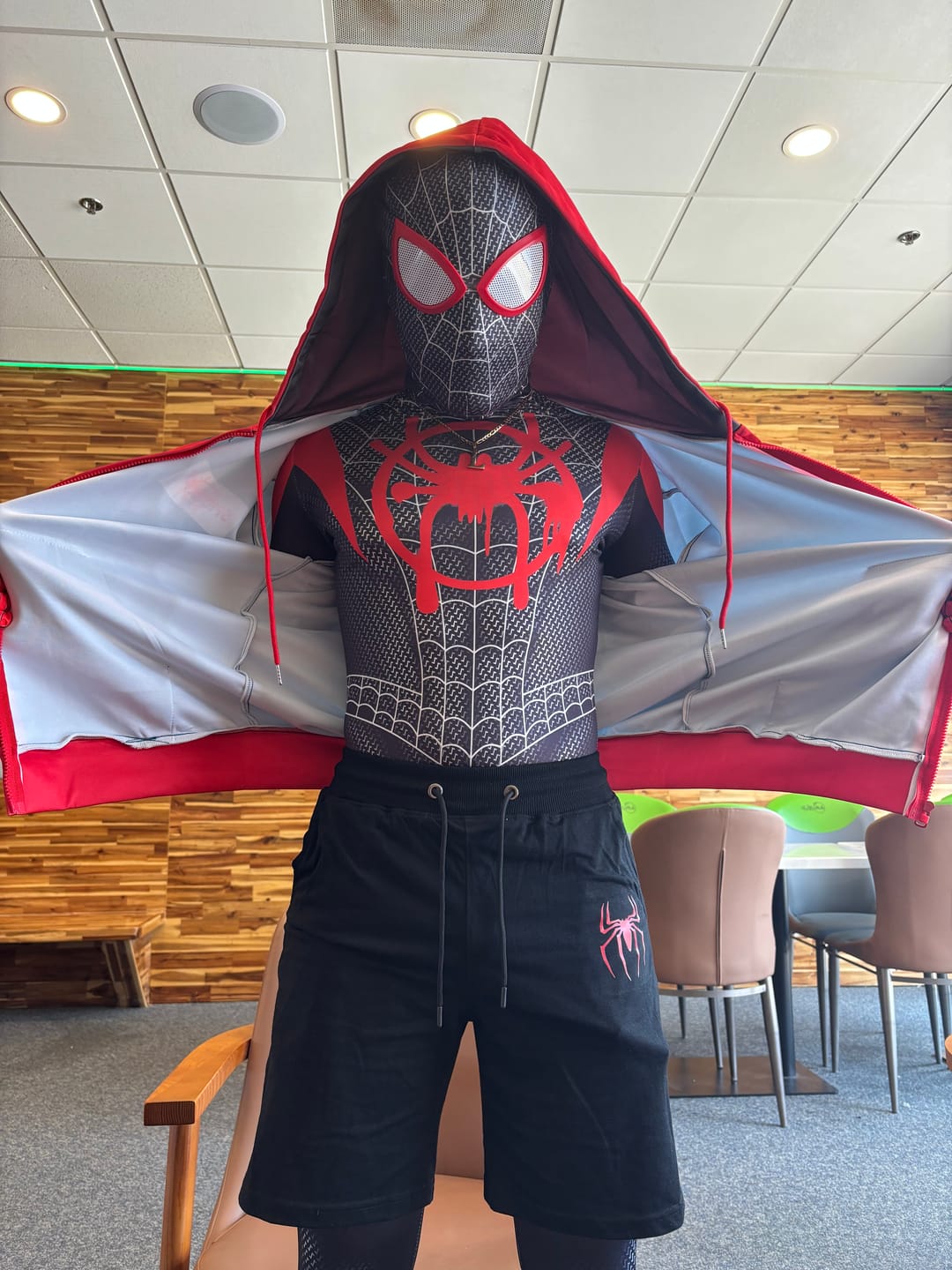 Customer photo review of Miles Morales Spider Man Costume with Hoodie for Boys and Adult Men.