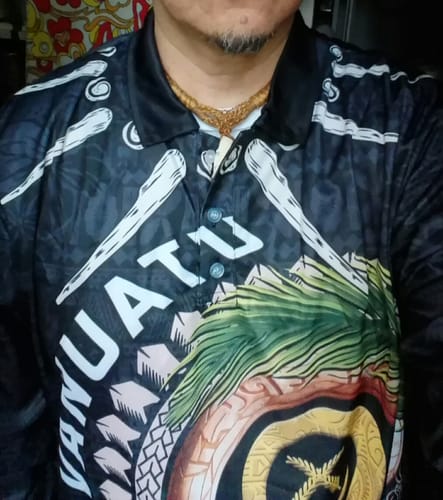 Customer photo review of Vanuatu Independence Day Long Sleeve Polo Shirt Melanesian Tribal Pig Tusk with Tropical Plants LT03