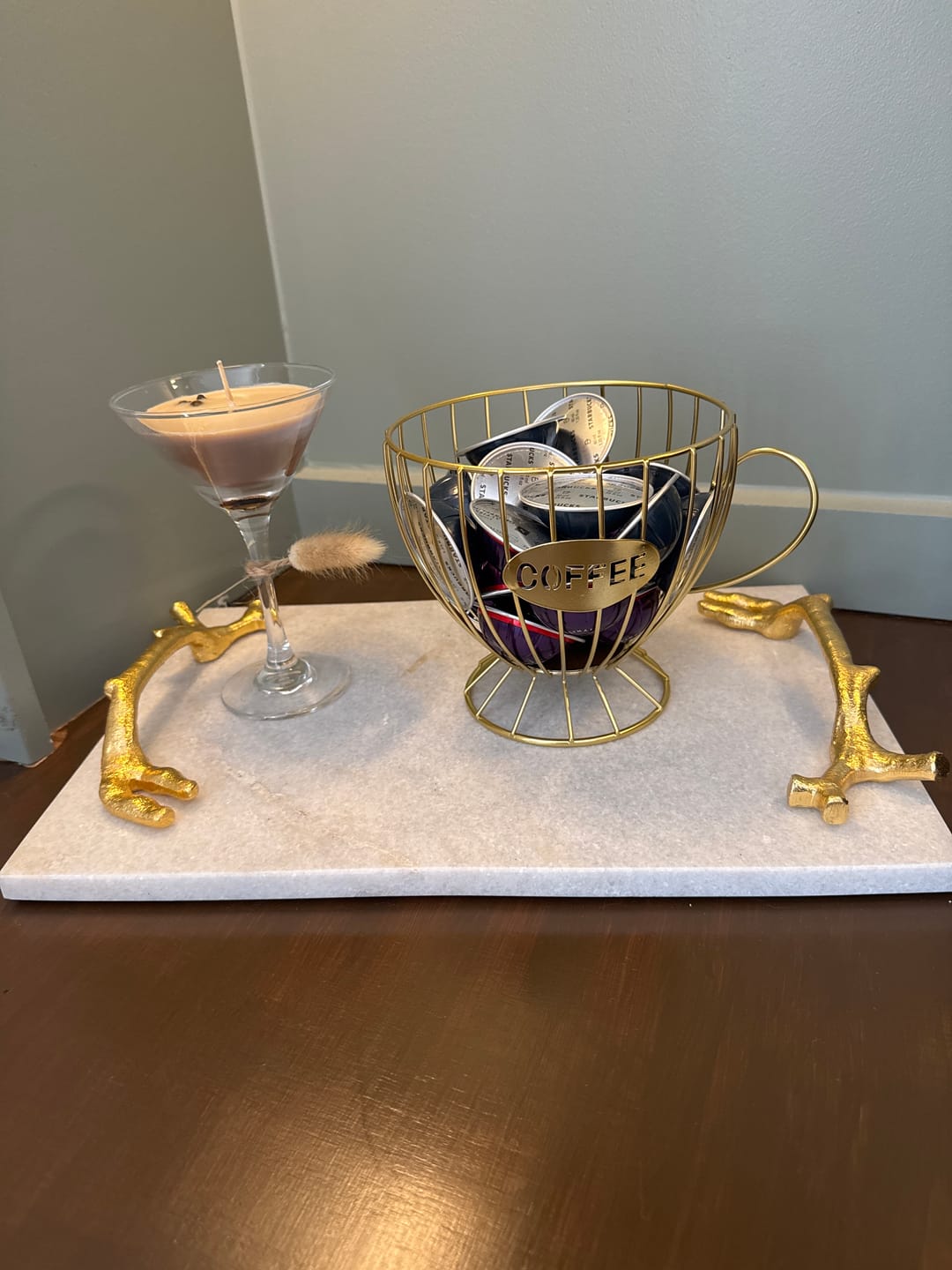 Customer photo review of White Marble Serving Tray with Gold Metal Handles