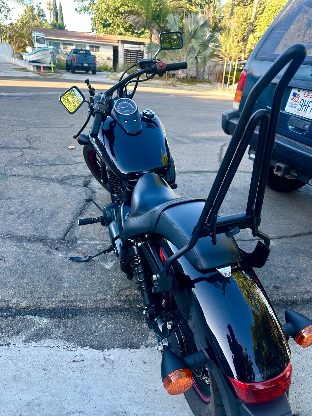 Customer photo review of Iron Born 25" Sissy Bar with Foldable Luggage Rack for Honda Shadow 750 Phantom Matte Black