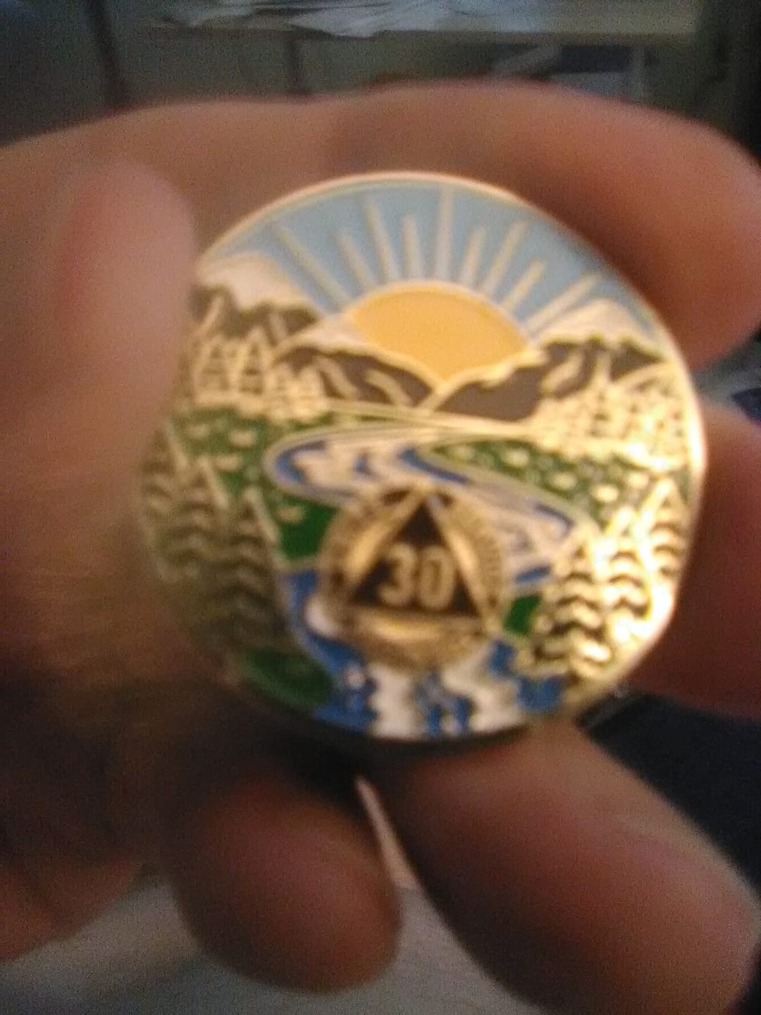Customer photo review of 30 Year Sobriety Mint Winding River Gold Plated AA Recovery Medallion - Thirty Year Chip/Coin