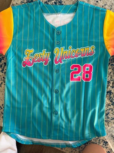 Customer photo review of Custom Aqua Gold Pink-Aqua Stripe Font Gradient Fashion Authentic Baseball Jersey