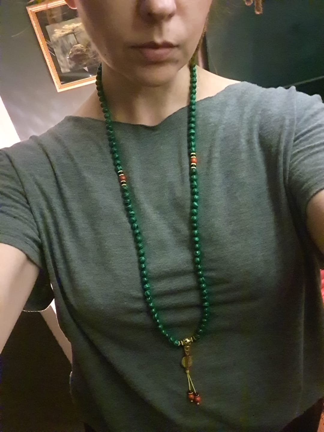 Customer photo review of Buddha Stones Tibetan 108 Mala Malachite Beads Bracelet Necklace