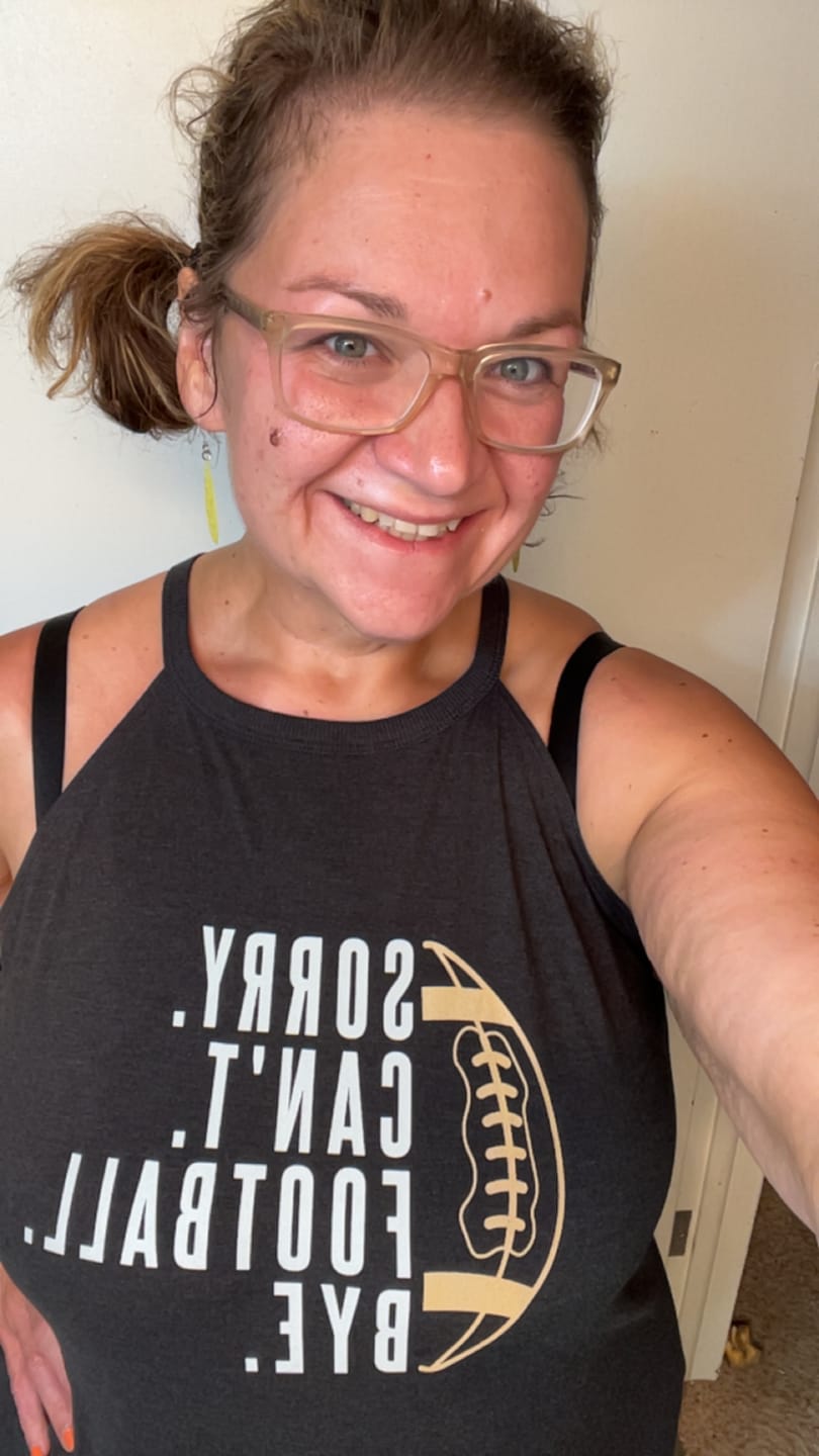Customer photo review of Sorry Can't Football Bye Rocker Tank