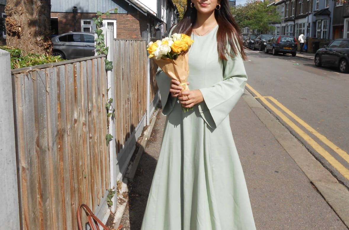 Customer photo review of Linen Lace-Up Dress in Sage