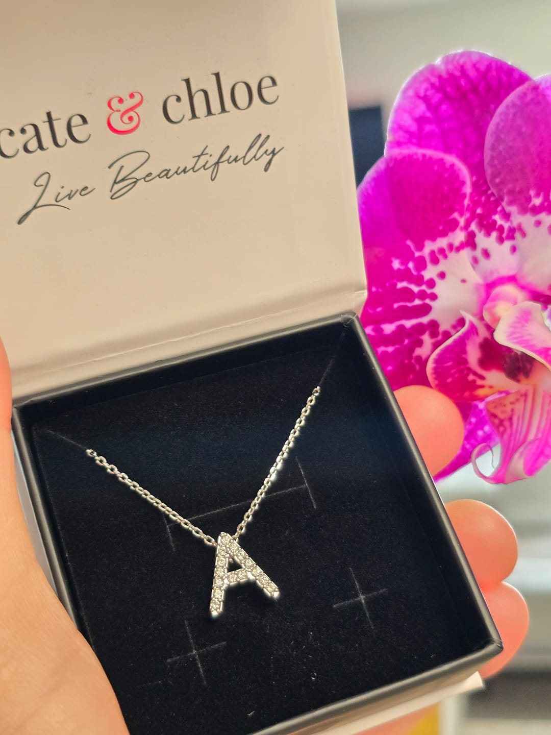 Customer photo review of Ethereal Collection 18k White Gold Plated Initial Letter Pendant Necklace with Swarovski Crystals