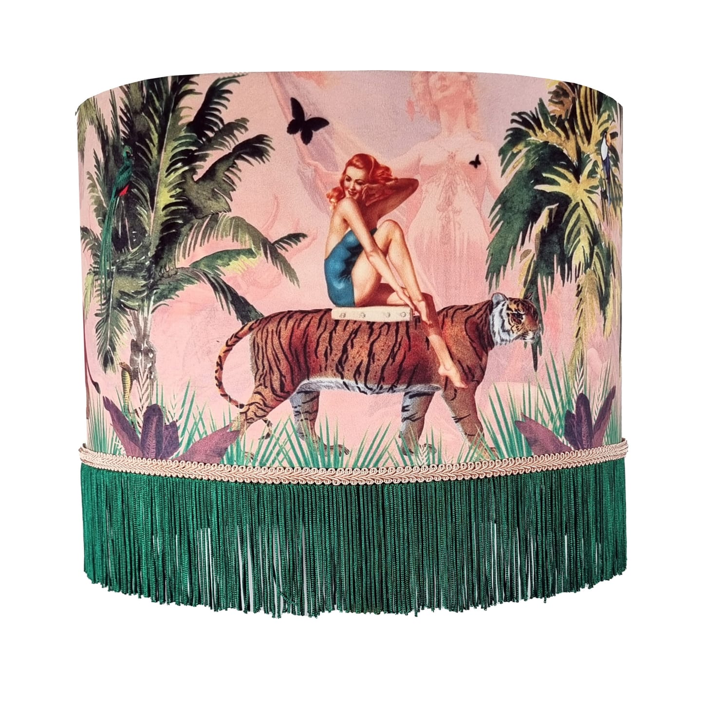Customer photo review of Queen K Jungle Walk Pink Fringed Drum Lampshade