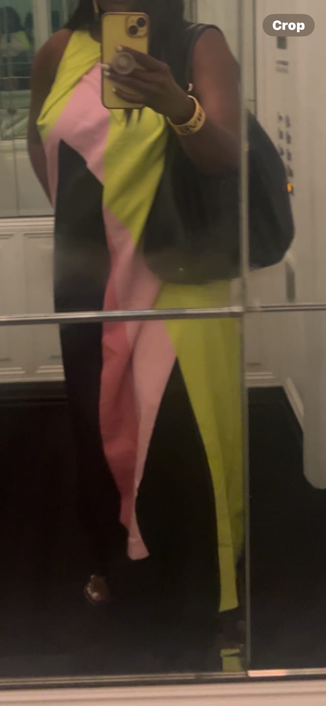 Customer photo review of A-Line Loose Color-Block Pleated Split-Joint Round-Neck Maxi Dresses