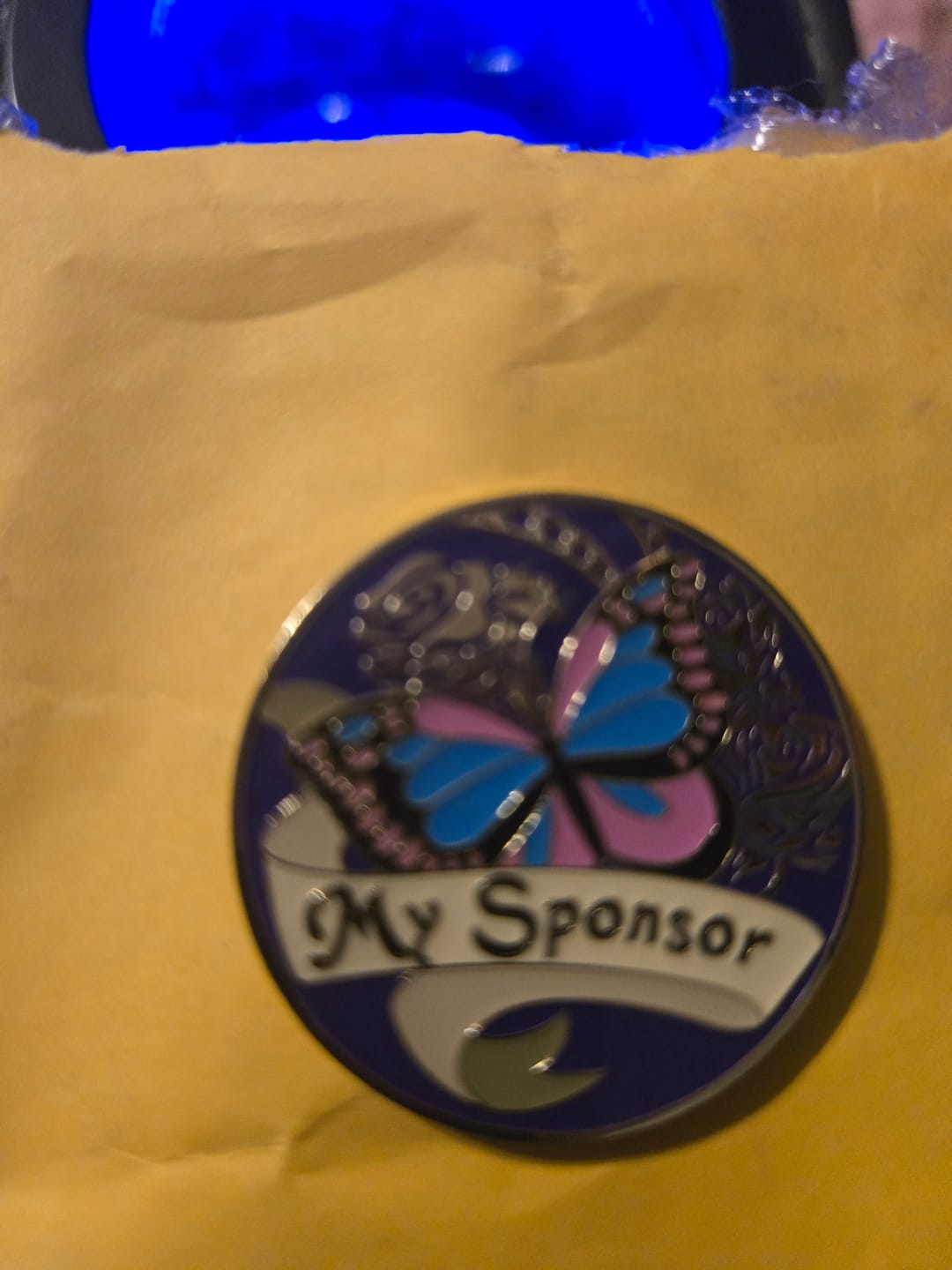 Customer photo review of My Sponsor Specialty Women's AA/NA Butterfly Medallion - Purple/Gold