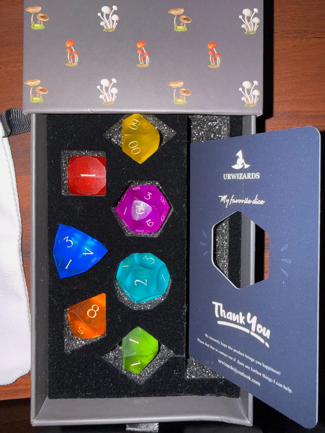 Customer photo review of URWizards D&D Resin Rainbow Candy Engraved Dice Set Multi-faceted Style